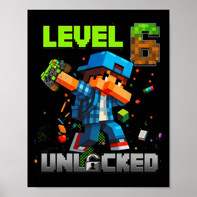 Level 6 Unlocked Funy Birthday Boy Pixel Gamer 6th Poster (Framsidan)