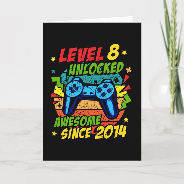 Level 8 Unlocked Awesome 2014 Game 8th Birthday Kort (Framsida)