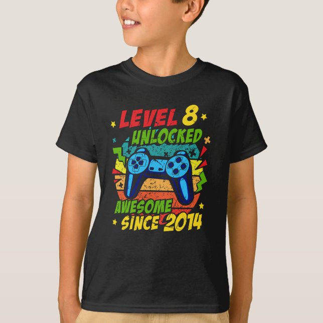 Level 8 Unlocked Awesome 2014 Game 8th Birthday T Shirt (Framsida)