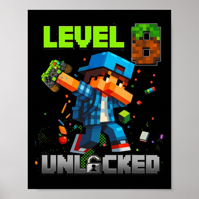 Level 8 Unlocked Funy Birthday Boy Pixel Gamer 8th Poster (Framsidan)