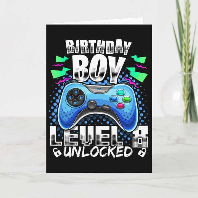 Level 8 Unlocked Video Game 8th Birthday Gamer Gif Kort (Framsida)