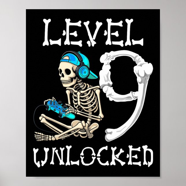 Level 9 Unlocked Skeleton Gamer Video Gaming 9th B Poster (Framsidan)