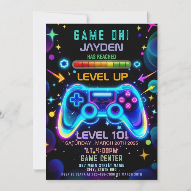Level Up Gamer Birthday Invitation – Neon Game Inbjudningar (Framsida)