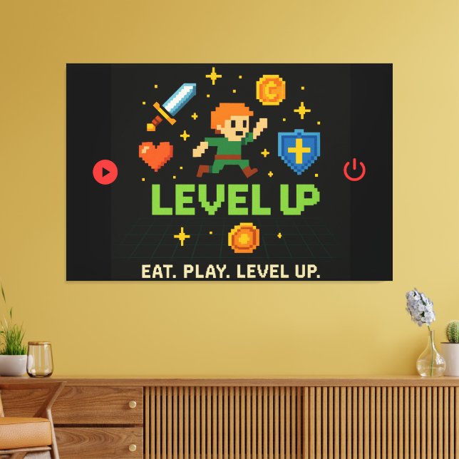Level Up Gamer Canvas – Pixel Retro Wall Art (Insitu (Vardagsrum))