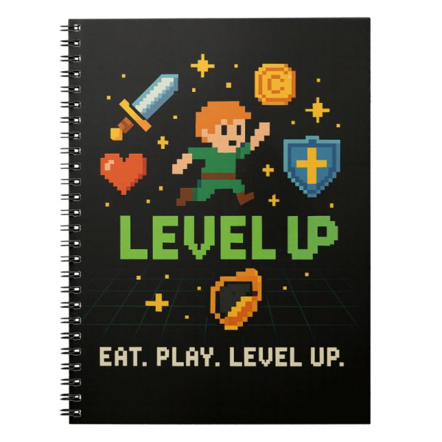 Level Up Gamer Notebook – Retro Pixel Gaming Style Anteckningsbok (Framsidan)