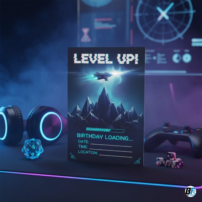 Level Up Gamer Space Sci-Fi Glitch Birthday Inbjudningar (GAMING BIRTHDAY CARD)