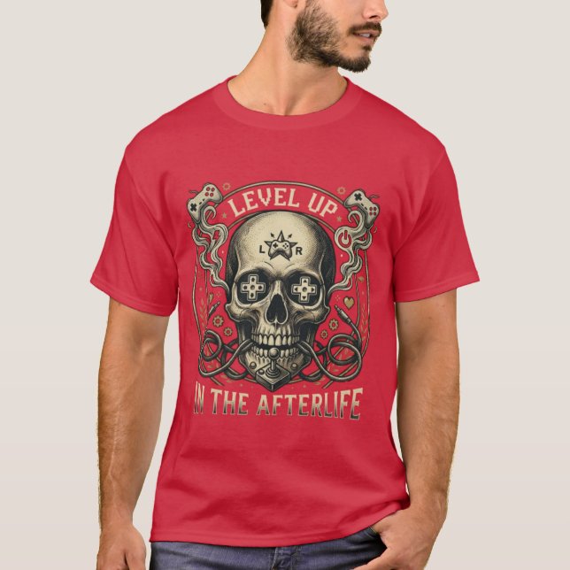 Level Up I Efterlivet - Retro Spelande Dödskalle T Shirt (Framsida)