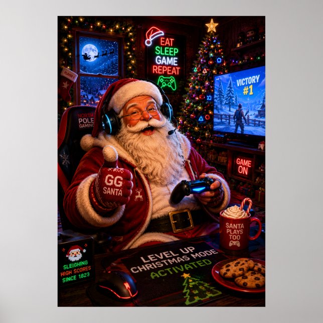Level Up Julläge Aktiverat Gamer Tomte Post Poster (Framsidan)