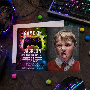 Level Up! Neon Dataspels Födelsedagsinbjudan Inbjudningar