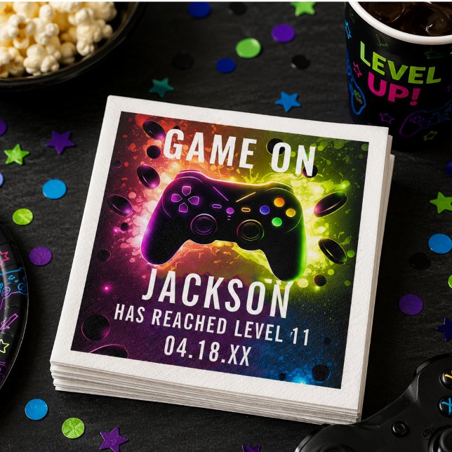 Level Up! Neon TV-Spel Födelsedagsfest Pappersservett (Level Up! Neon Video Game Birthday Party Napkins)