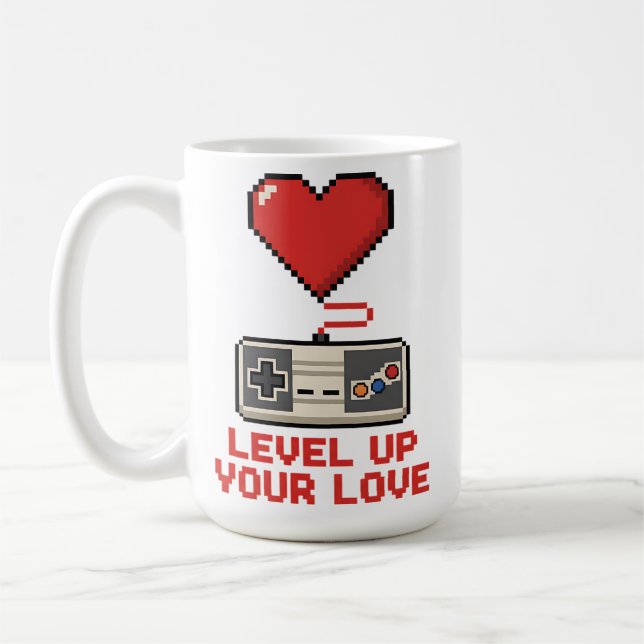 Level Up Your Love, Retro Pixel Gaming Design Kaffemugg (Vänster)
