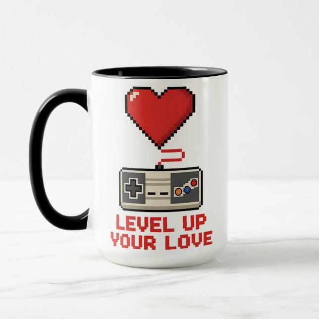 Level Up Your Love, Retro Pixel Gaming Design Mugg (Vänster)