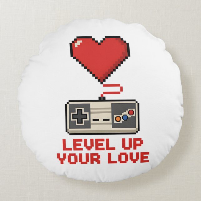 Level Up Your Love, Retro Pixel Gaming Design Rund Kudde (Framsidan)