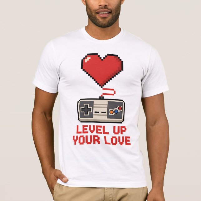 Level Up Your Love, Retro Pixel Gaming Design T Shirt (Framsida)