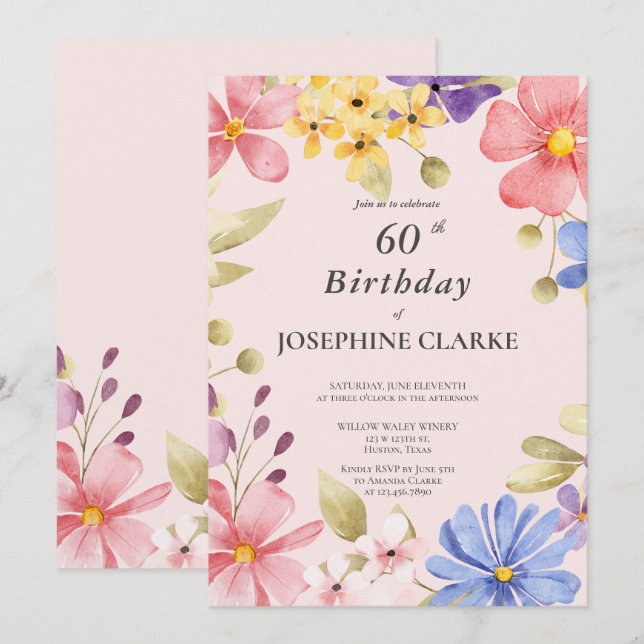 Lever och gallvägar Blommigt Utandning 60: e Födel Inbjudningar (Fram/baksida)