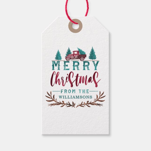 Leverans av god jul Red Lastbil Julgran Presentetikett (Framsidan)