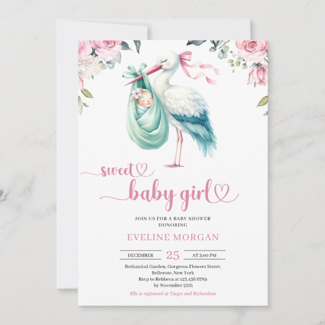 Leverans av vattenfärgsmint och rosa stork flicka inbjudningar (Framsida)