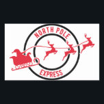 Leveransetikett för North Pole Express Mail Reinde Rektangulärt Klistermärke<br><div class="desc">Så söt! Den här North Pole Express Delivery-etiketten har logotypen North Pole Express, två svarta cirklar som innesluter "North Pole Express" i röd typografi, och den visar att tomten och hans renar rusar genom den! Visst att vara slå med barn överallt, använda det röda, svarta och vita frimärke på allt...</div>