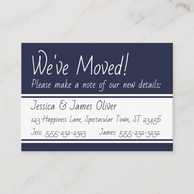 Leveranskort för marin och vit fet Vi har flyttat Visitkort (Framsida)