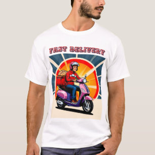 Leveransperson som kör scooter med matlåda t shirt