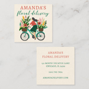 LEVERY Cute Girl Riding Bicycle w Flowers Fyrkantigt Visitkort