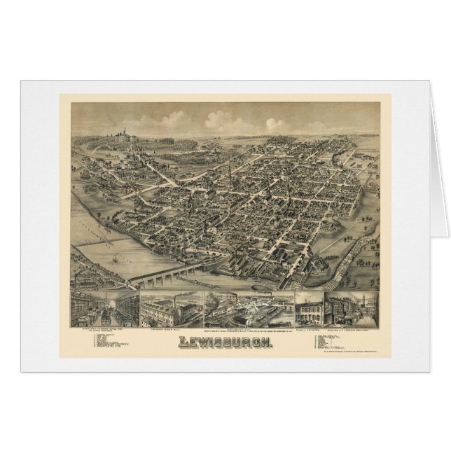 Lewisburg panorama- karta för PA - 1884 Hälsningskort (Framsidan Horizontal)