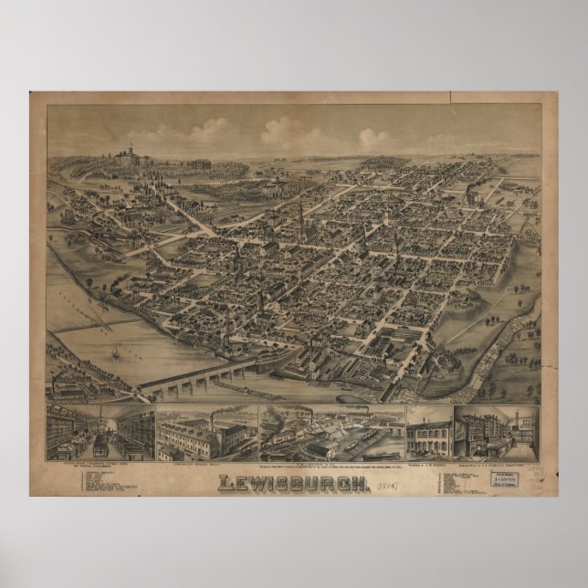 Lewisburg Pennsylvania 1884 Antique Panoramic Kart Poster (Framsidan)