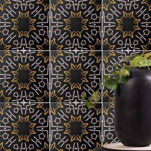 Lexury Guld Platinum Ornaments on Black Mönster Kakelplatta