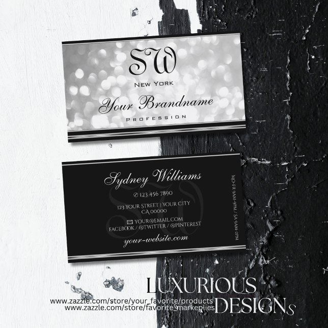 Lexury Silver Glitter Monogram Black Silver Gräns Visitkort (Skapare uppladdad)