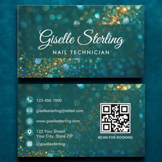 Lexury Teal Guld Glitter Nail Technician QR Code Visitkort (Skapare uppladdad)
