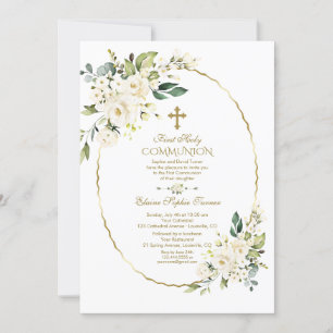 Lexury White Flowers Guld First Heliga Communion Inbjudningar
