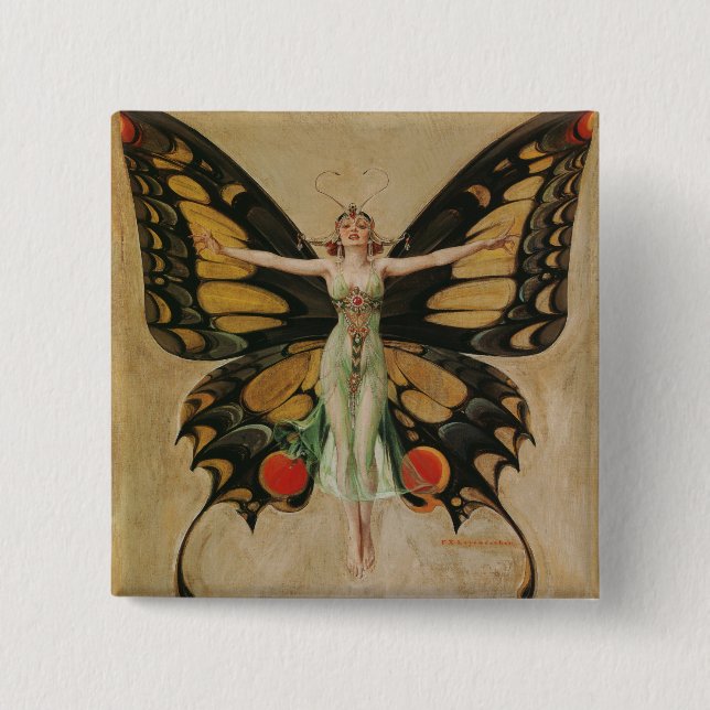 Leyendecker Fjärilflicka Vintage Art Deco Knapp (Framsida)