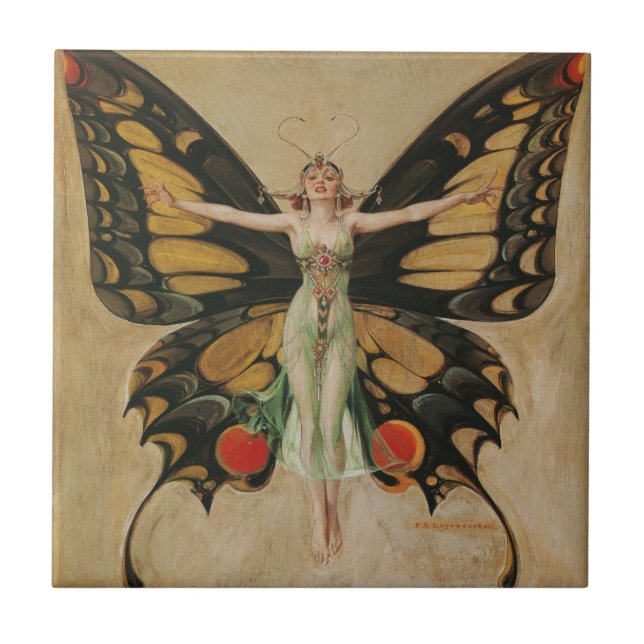 Leyendecker Fjärilsflicka Vintage Art Deco Kakelplatta (Framsidan)