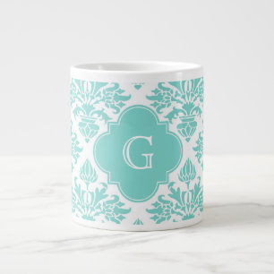 Lg Aqua Blommigt Damask #3 Aqua Quatrefoil Monogra Jumbo Mugg