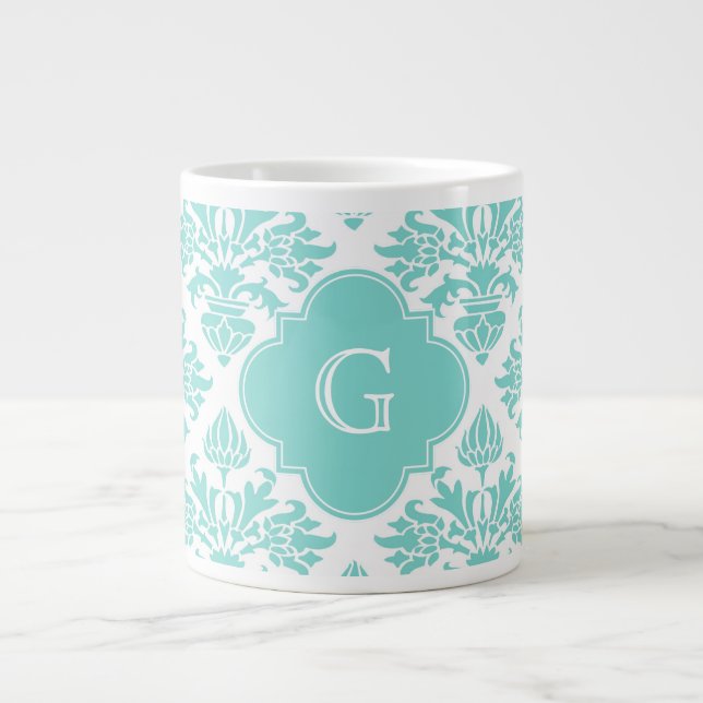 Lg Aqua Blommigt Damask #3 Aqua Quatrefoil Monogra Jumbo Mugg (Framsidan)