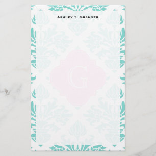 Lg Aqua Blommigt Damask #3 Rosa Quatrefoil Monogra Brevpapper