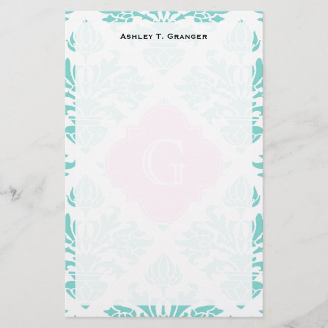 Lg Aqua Blommigt Damask #3 Rosa Quatrefoil Monogra Brevpapper (Framsida)