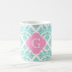 Lg Aqua Blommigt Damask #3 Rosa Quatrefoil Monogra Kaffemugg