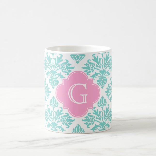 Lg Aqua Blommigt Damask #3 Rosa Quatrefoil Monogra Kaffemugg (Center)