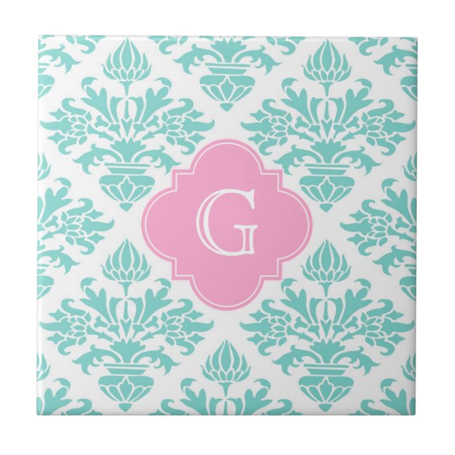 Lg Aqua Blommigt Damask #3 Rosa Quatrefoil Monogra Kakelplatta (Framsidan)