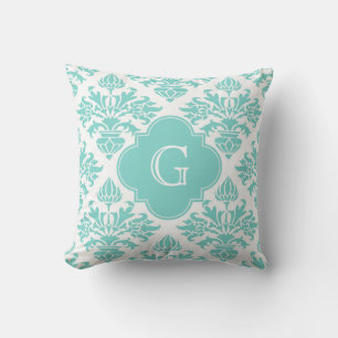Lg Aqua Floral Damask #3 Aqua Quatrefoil Monogramm Kudde