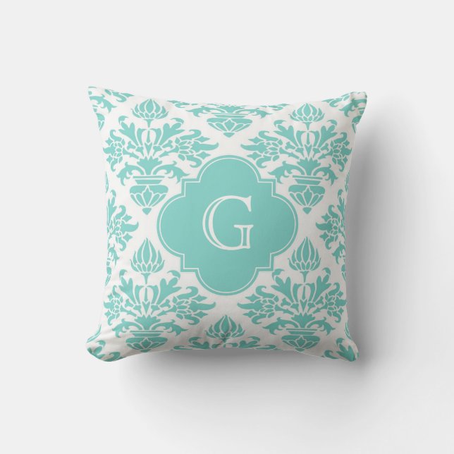 Lg Aqua Floral Damask #3 Aqua Quatrefoil Monogramm Kudde (Framsida)