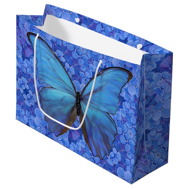 Lg Gift Bag Blue Morpho på Hydrangea (Framsidan Vinklad)