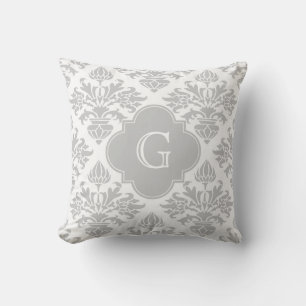 Lg Grå Vit Blommig Damask #3 Grå Monogramm Etikett Kudde