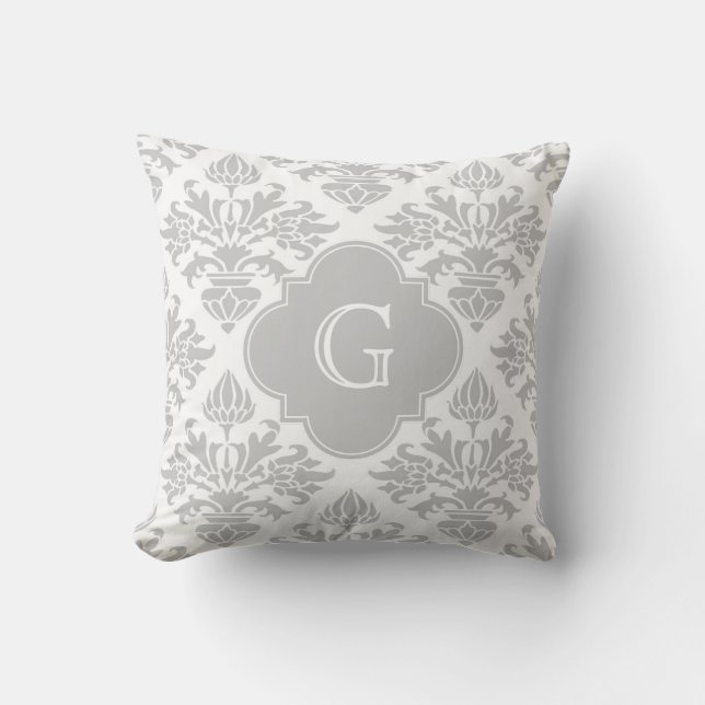 Lg Grå Vit Blommig Damask #3 Grå Monogramm Etikett Kudde (Framsida)