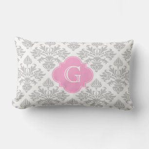 Lg Grå Vit Blommig Damask #3 Rosa Monogram-etikett Lumbarkudde
