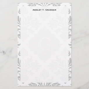 Lg Grått White Blommigt Damask #3 Grått Monogram-e Brevpapper