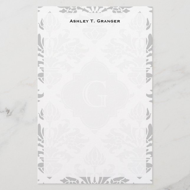 Lg Grått White Blommigt Damask #3 Grått Monogram-e Brevpapper (Framsida)