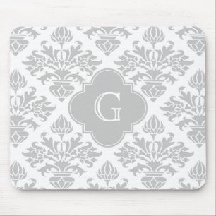 Lg Grått White Blommigt Damask #3 Grått Monogram-e Musmatta