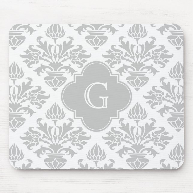 Lg Grått White Blommigt Damask #3 Grått Monogram-e Musmatta (Framsidan)